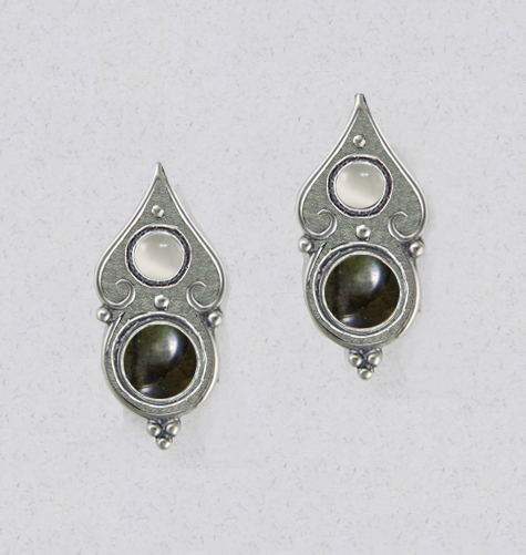 Sterling Silver Gothic Look Post Stud Earrings With Spectrolite And White Moonstone